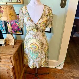 Anthropologie Green and Gold Flutter Sleeve Sundress